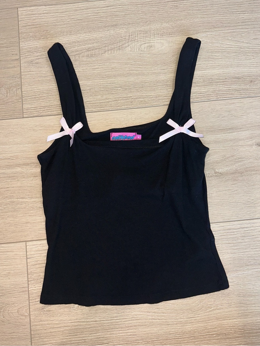 Edikted Black Ribbed Tank with Pink Bow Straps